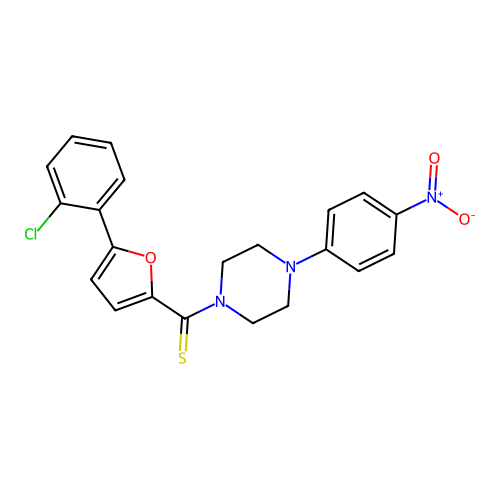 (5-(2-Chlorophenyl)furan-2-yl)(4-(4-nitrophenyl)piperazin-1-yl)methanethione structure