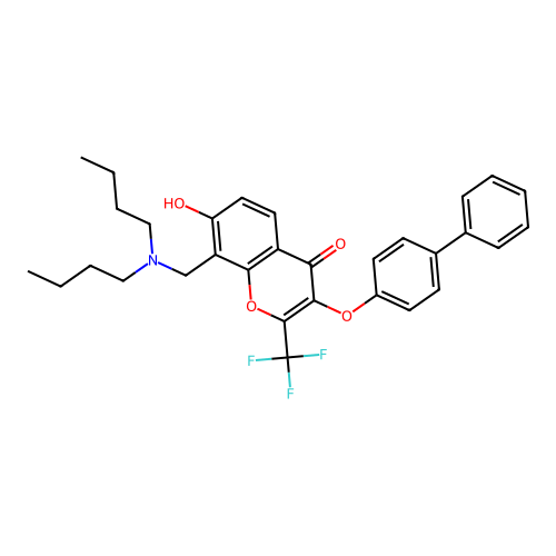 8-[(dibutylamino)methyl]-7-hydroxy-3-(4-phenylphenoxy)-2-(trifluoromethyl)chromen-4-one structure