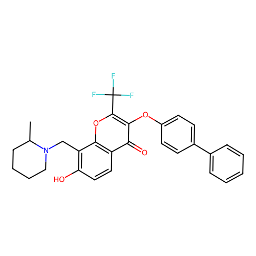 3-(biphenyl-4-yloxy)-7-hydroxy-8-[(2-methylpiperidin-1-yl)methyl]-2-(trifluoromethyl)-4H-chromen-4-one structure