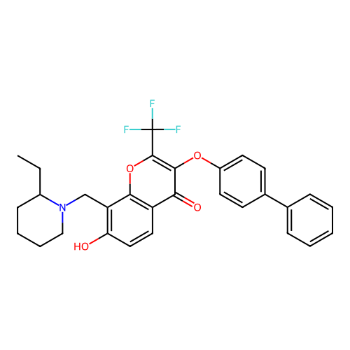 3-(biphenyl-4-yloxy)-8-[(2-ethylpiperidin-1-yl)methyl]-7-hydroxy-2-(trifluoromethyl)-4H-chromen-4-one structure