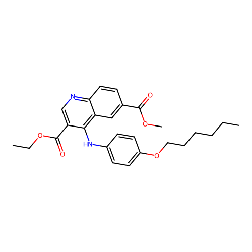 Ethyl 4-[(4-hexyloxyphenyl)amino]-6-(methoxycarbonyl)quinoline-3-carboxylate structure