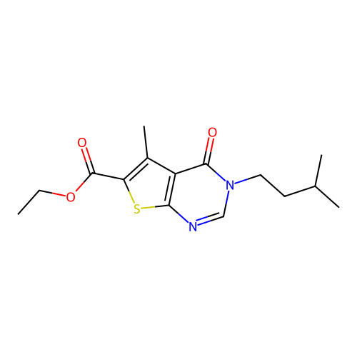 ethyl 3-isopentyl-5-methyl-4-oxo-3,4-dihydrothieno[2,3-d]pyrimidine-6-carboxylate structure
