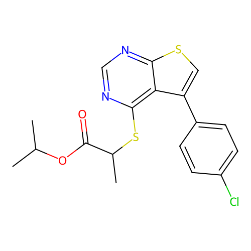 Methylethyl 2-[5-(4-chlorophenyl)thiopheno[3,2-e]pyrimidin-4-ylthio]propanoate structure