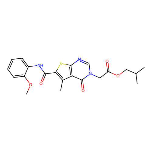 2-methylpropyl {6-[(2-methoxyphenyl)carbamoyl]-5-methyl-4-oxothieno[2,3-d]pyrimidin-3(4H)-yl}acetate structure