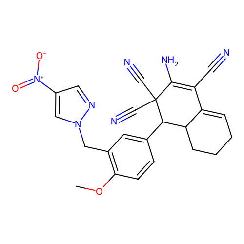2-amino-4-[3-({4-nitro-1H-pyrazol-1-yl}methyl)-4-methoxyphenyl]-4a,5,6,7-tetrahydro-1,3,3(4H)-naphthalenetricarbonitrile structure