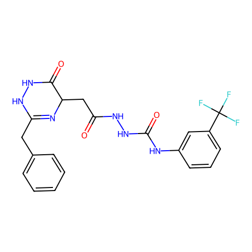 1-[[2-(3-benzyl-6-oxo-2,5-dihydro-1H-1,2,4-triazin-5-yl)acetyl]amino]-3-[3-(trifluoromethyl)phenyl]urea structure
