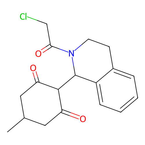 2-(2-(2-chloroacetyl)-1,2,3,4-tetrahydroisoquinolin-1-yl)-5-methylcyclohexane-1,3-dione structure