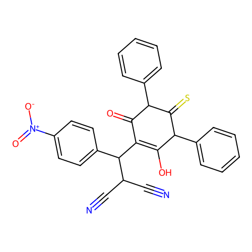 [(2-hydroxy-6-oxo-3,5-diphenyl-4-thioxocyclohex-1-en-1-yl)(4-nitrophenyl)methyl]propanedinitrile structure