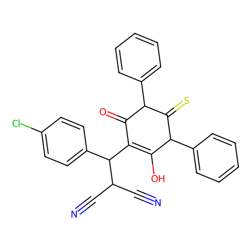 2-((4-chlorophenyl)(6'-hydroxy-4'-oxo-2'-thioxo-1',2',3',4'-tetrahydro-[1,1':3',1''-terphenyl]-5'-yl)methyl)malononitrile structure
