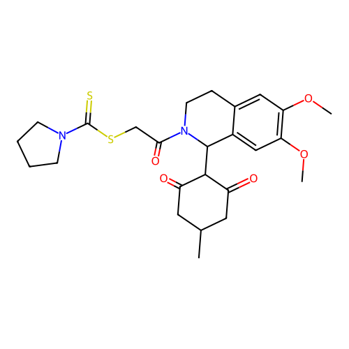 [2-[6,7-dimethoxy-1-(4-methyl-2,6-dioxocyclohexyl)-3,4-dihydro-1H-isoquinolin-2-yl]-2-oxoethyl] pyrrolidine-1-carbodithioate structure