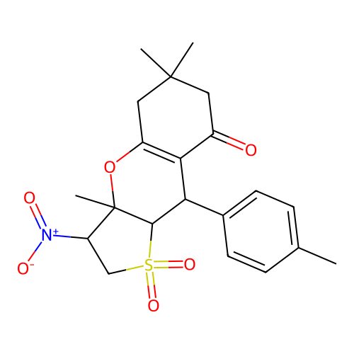 3a,6,6-trimethyl-3-nitro-9-(p-tolyl)-3,3a,6,7,9,9a-hexahydro-2H-thieno[3,2-b]chromen-8(5H)-one 1,1-dioxide structure