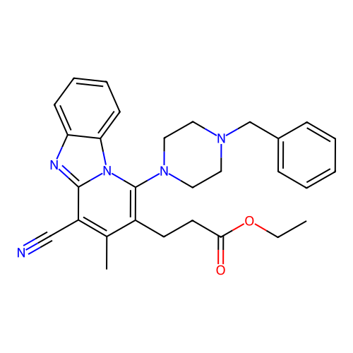 ethyl 3-[1-(4-benzylpiperazin-1-yl)-4-cyano-3-methylpyrido[1,2-a]benzimidazol-2-yl]propanoate structure