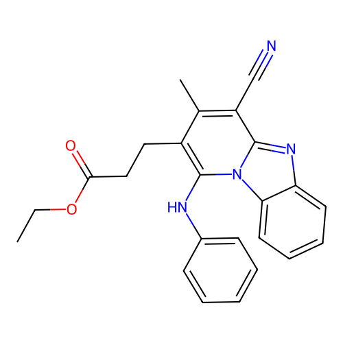 ethyl 3-(1-anilino-4-cyano-3-methylpyrido[1,2-a]benzimidazol-2-yl)propanoate structure