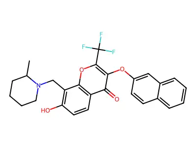 7-hydroxy-8-[(2-methyl-1-piperidinyl)methyl]-3-(2-naphthyloxy)-2-(trifluoromethyl)-4H-chromen-4-one structure