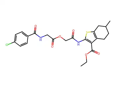 ethyl 2-(2-(2-(4-chlorobenzamido)acetoxy)acetamido)-6-methyl-4,5,6,7-tetrahydrobenzo[b]thiophene-3-carboxylate structure