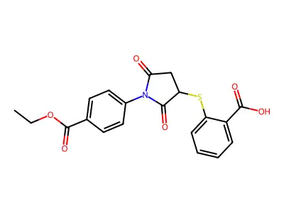 2-({1-[4-(Ethoxycarbonyl)phenyl]-2,5-dioxopyrrolidin-3-yl}sulfanyl)benzoic acid structure
