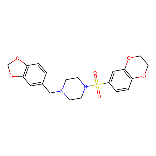 1-(1,3-benzodioxol-5-ylmethyl)-4-(2,3-dihydro-1,4-benzodioxin-6-ylsulfonyl)piperazine structure
