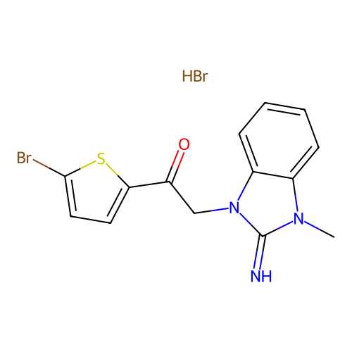 1-(5-bromothiophen-2-yl)-2-(2-imino-3-methyl-2,3-dihydro-1H-benzo[d]imidazol-1-yl)ethanone hydrobromide structure