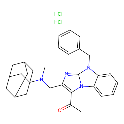 1-(2-(((3s,5s,7s)-adamantan-1-yl(methyl)amino)methyl)-9-benzyl-9H-benzo[d]imidazo[1,2-a]imidazol-3-yl)ethanone dihydrochloride structure
