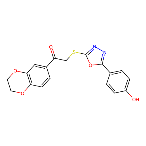 1-(2,3-dihydro-1,4-benzodioxin-6-yl)-2-{[5-(4-hydroxyphenyl)-1,3,4-oxadiazol-2-yl]sulfanyl}ethanone structure