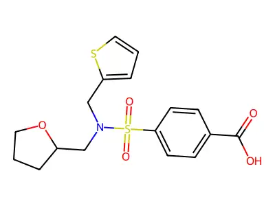 4-[(Tetrahydrofuran-2-ylmethyl)(thiophen-2-ylmethyl)sulfamoyl]benzoic acid structure
