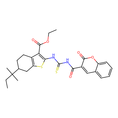 ethyl 2-(3-(2-oxo-2H-chromene-3-carbonyl)thioureido)-6-(tert-pentyl)-4,5,6,7-tetrahydrobenzo[b]thiophene-3-carboxylate structure