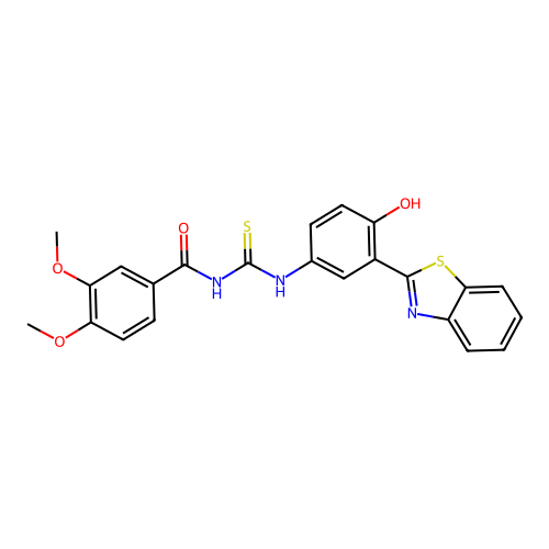 N-((3-(benzo[d]thiazol-2-yl)-4-hydroxyphenyl)carbamothioyl)-3,4-dimethoxybenzamide structure