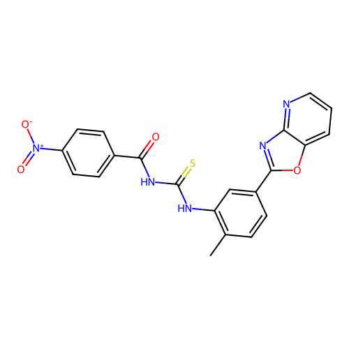 N-((2-methyl-5-(oxazolo[4,5-b]pyridin-2-yl)phenyl)carbamothioyl)-4-nitrobenzamide structure