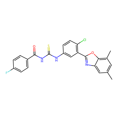 N-((4-chloro-3-(5,7-dimethylbenzo[d]oxazol-2-yl)phenyl)carbamothioyl)-4-fluorobenzamide structure