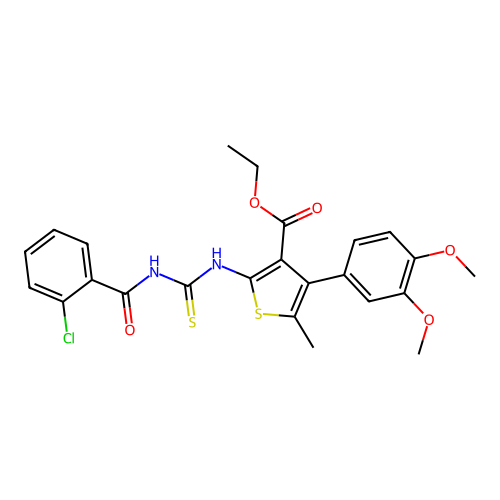 ethyl 2-(3-(2-chlorobenzoyl)thioureido)-4-(3,4-dimethoxyphenyl)-5-methylthiophene-3-carboxylate structure