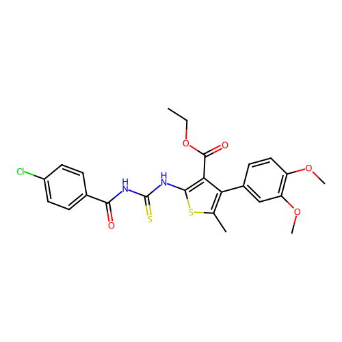 ethyl 2-({[(4-chlorophenyl)carbonyl]carbamothioyl}amino)-4-(3,4-dimethoxyphenyl)-5-methylthiophene-3-carboxylate structure