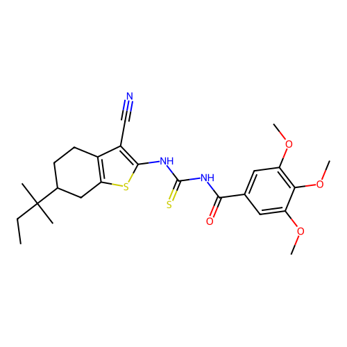 N-{[3-cyano-6-(2-methylbutan-2-yl)-4,5,6,7-tetrahydro-1-benzothiophen-2-yl]carbamothioyl}-3,4,5-trimethoxybenzamide structure