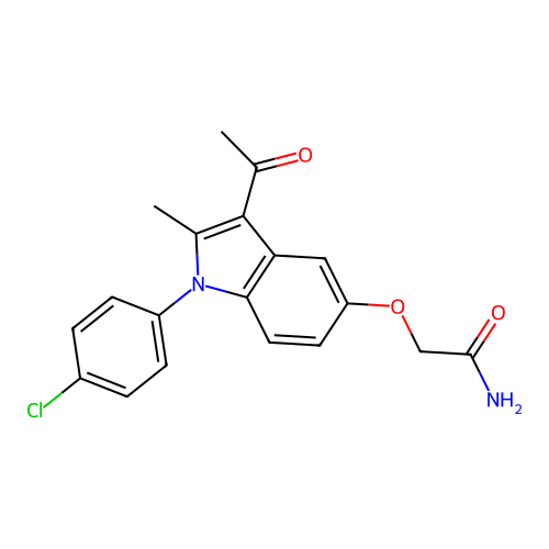 2-((3-acetyl-1-(4-chlorophenyl)-2-methyl-1H-indol-5-yl)oxy)acetamide structure