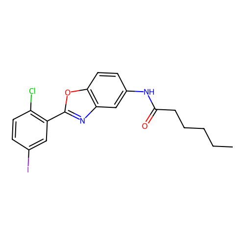 N-[2-(2-chloro-5-iodophenyl)-1,3-benzoxazol-5-yl]hexanamide structure