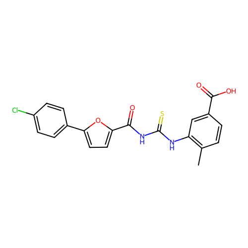 3-[({[5-(4-chlorophenyl)furan-2-yl]carbonyl}carbamothioyl)amino]-4-methylbenzoic acid structure