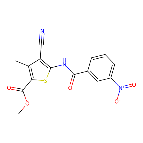 methyl 4-cyano-3-methyl-5-(3-nitrobenzamido)thiophene-2-carboxylate structure