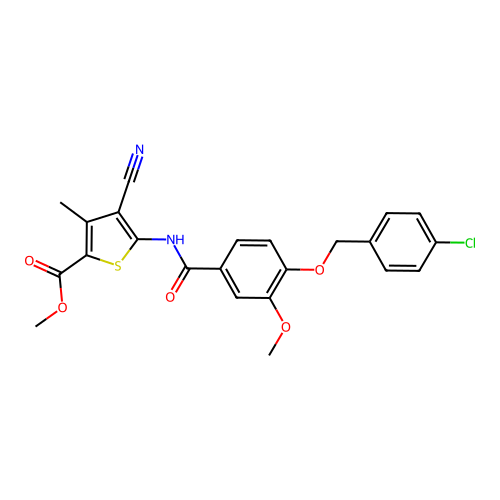 methyl 5-[({4-[(4-chlorobenzyl)oxy]-3-methoxyphenyl}carbonyl)amino]-4-cyano-3-methylthiophene-2-carboxylate structure
