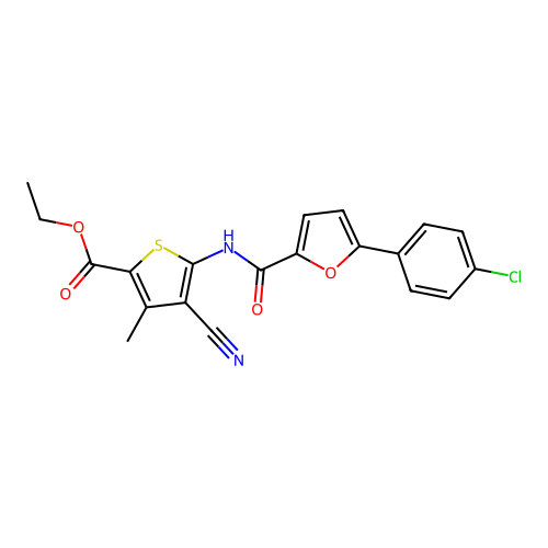ethyl 5-(5-(4-chlorophenyl)furan-2-carboxamido)-4-cyano-3-methylthiophene-2-carboxylate structure