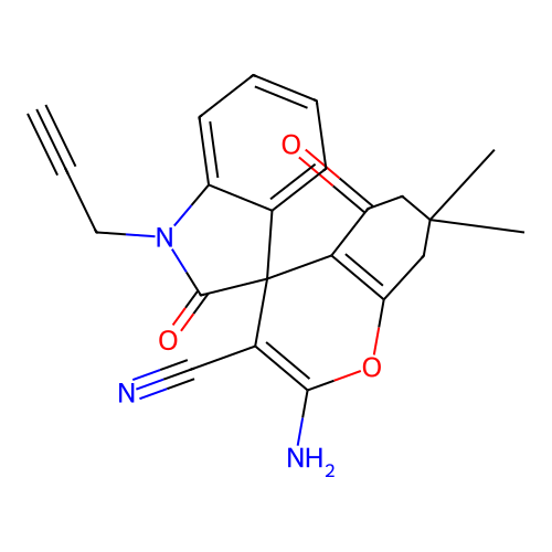 2-amino-7,7-dimethyl-2',5-dioxo-1'-(prop-2-yn-1-yl)-1',2',5,6,7,8-hexahydrospiro[chromene-4,3'-indole]-3-carbonitrile structure