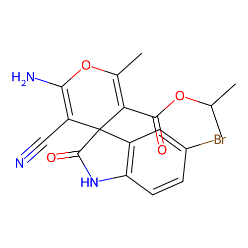 isopropyl 2'-amino-5-bromo-3'-cyano-6'-methyl-2-oxospiro[indoline-3,4'-pyran]-5'-carboxylate structure