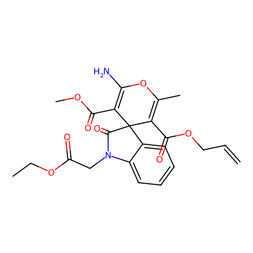 3'-methyl 5'-prop-2-en-1-yl 2'-amino-1-(2-ethoxy-2-oxoethyl)-6'-methyl-2-oxo-1,2-dihydrospiro[indole-3,4'-pyran]-3',5'-dicarboxylate structure