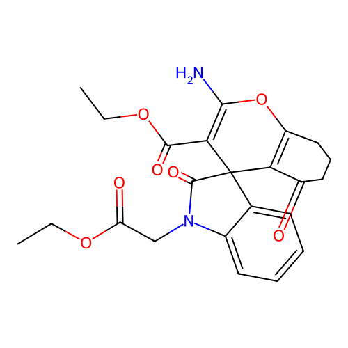 ethyl 2-amino-1'-(2-ethoxy-2-oxoethyl)-2',5-dioxo-1',2',5,6,7,8-hexahydrospiro[chromene-4,3'-indole]-3-carboxylate structure