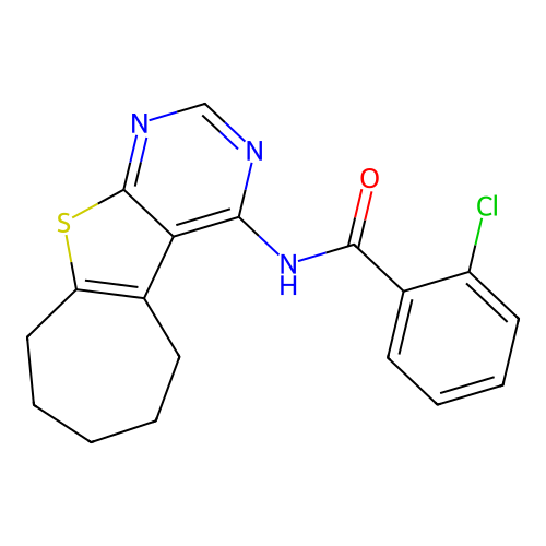 2-chloro-N-(6,7,8,9-tetrahydro-5H-cyclohepta[4,5]thieno[2,3-d]pyrimidin-4-yl)benzamide structure