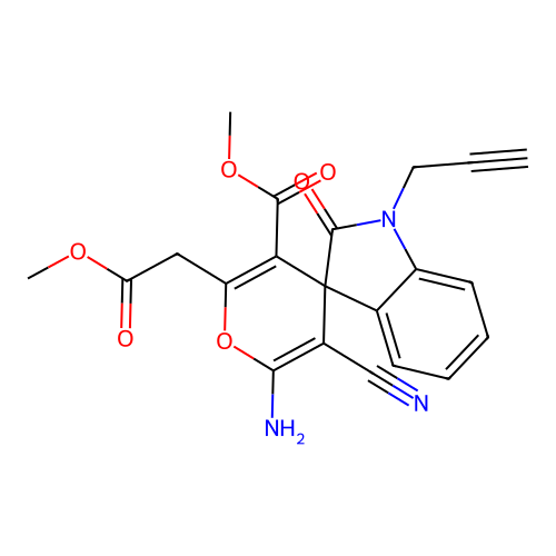 methyl 6'-amino-5'-cyano-2'-(2-methoxy-2-oxoethyl)-2-oxo-1-(prop-2-yn-1-yl)-1,2-dihydrospiro[indole-3,4'-pyran]-3'-carboxylate structure