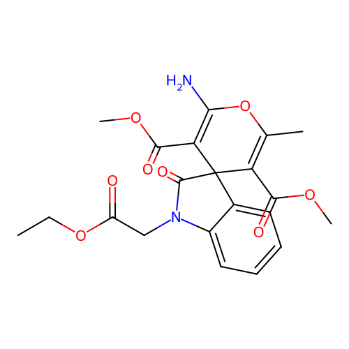 dimethyl 2'-amino-1-(2-ethoxy-2-oxoethyl)-6'-methyl-2-oxo-1,2-dihydrospiro[indole-3,4'-pyran]-3',5'-dicarboxylate structure