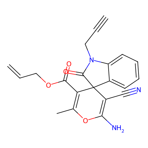 prop-2-en-1-yl 6'-amino-5'-cyano-2'-methyl-2-oxo-1-(prop-2-yn-1-yl)-1,2-dihydrospiro[indole-3,4'-pyran]-3'-carboxylate structure