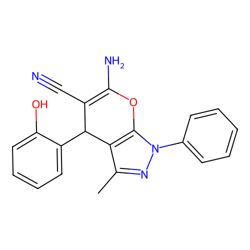 6-amino-4-(2-hydroxyphenyl)-3-methyl-1-phenyl-1,4-dihydropyrano[2,3-c]pyrazole-5-carbonitrile structure