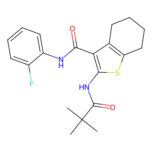 2-[(2,2-dimethylpropanoyl)amino]-N-(2-fluorophenyl)-4,5,6,7-tetrahydro-1-benzothiophene-3-carboxamide structure