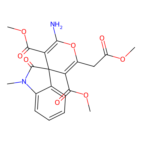 dimethyl 2'-amino-6'-(2-methoxy-2-oxoethyl)-1-methyl-2-oxo-1,2-dihydrospiro[indole-3,4'-pyran]-3',5'-dicarboxylate structure