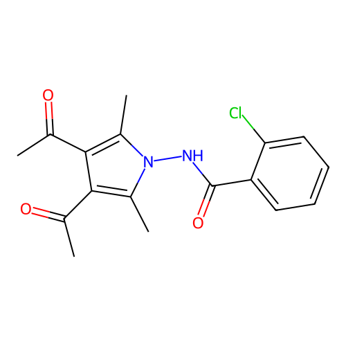 2-chloro-N-(3,4-diacetyl-2,5-dimethyl-1H-pyrrol-1-yl)benzamide structure